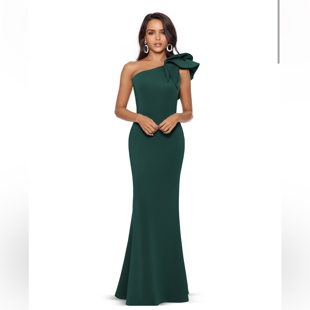 Betsy & Adam Emerald Green One Shoulder Gown